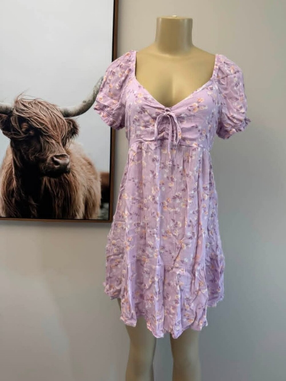 Lavender Floral Tie-Front Short Sleeve Mini Dress